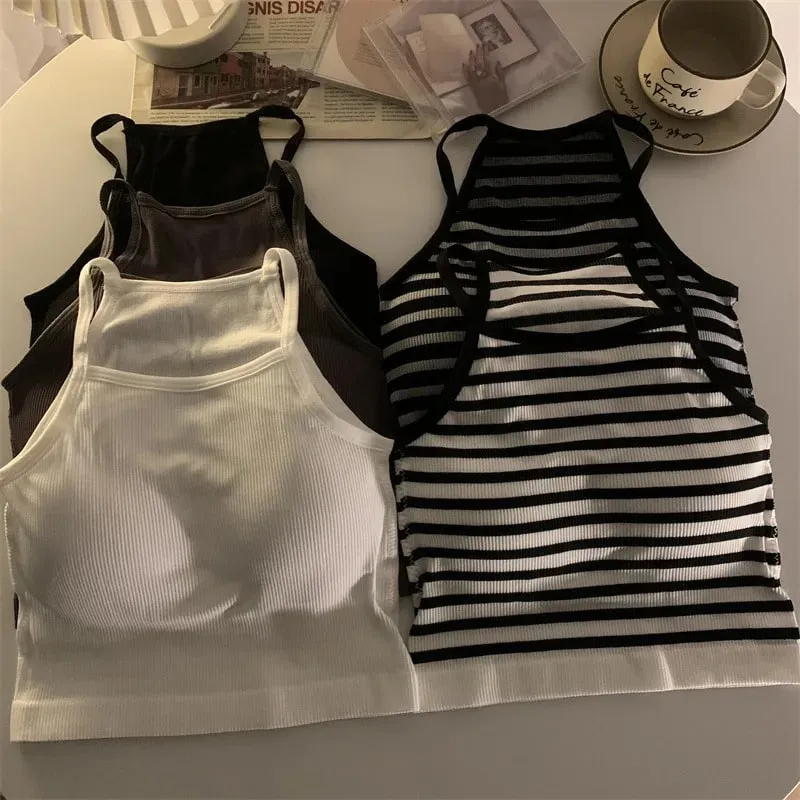 韓版女背心螺紋純色休閒時尚短上衣搭配胸墊條紋無袖外套基本款吊帶背心