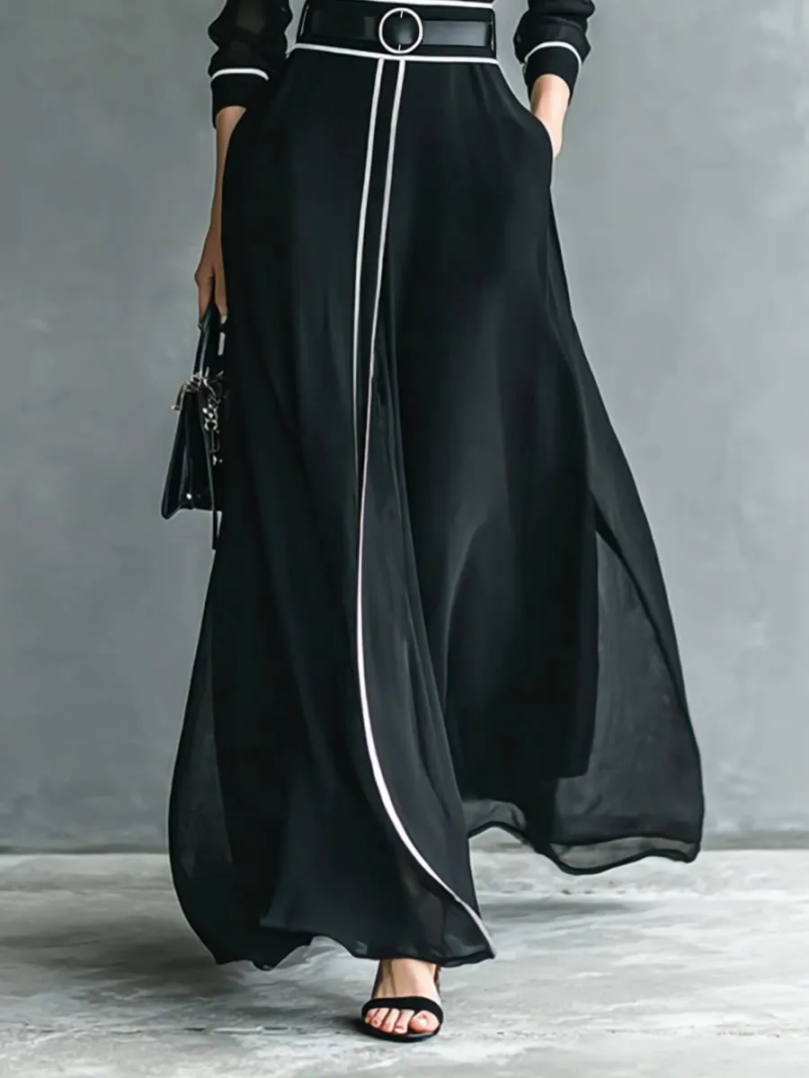 French Elegant Chiffon Maxi Dress High Neck Long Sleeve with White Piping Trim Ideal for Office Business Banquets & Parties