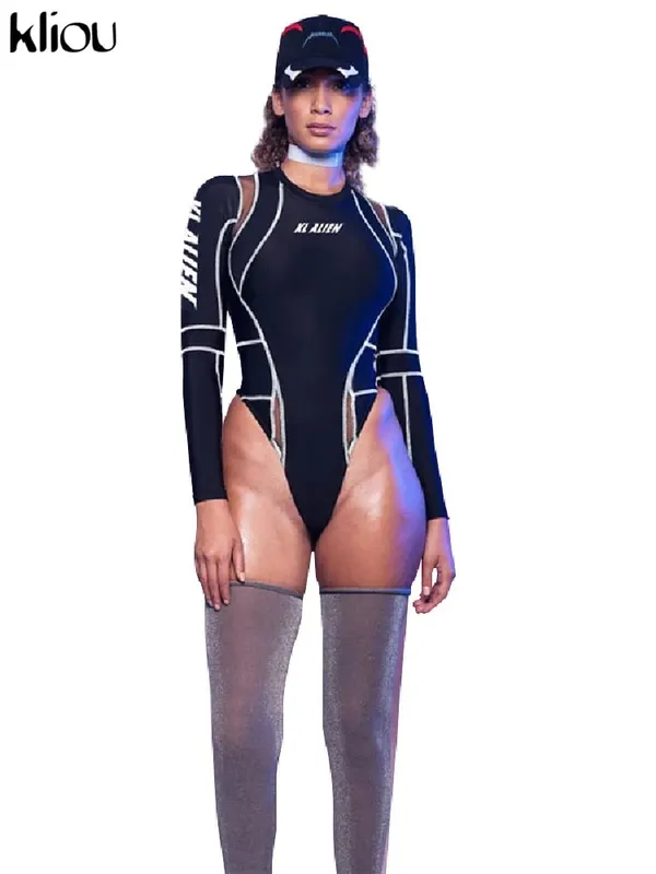 Kliou feminino manga cheia gola alta bodysuits malha retalhos carta impressão biker nova moda feminina treino rua casual macacão