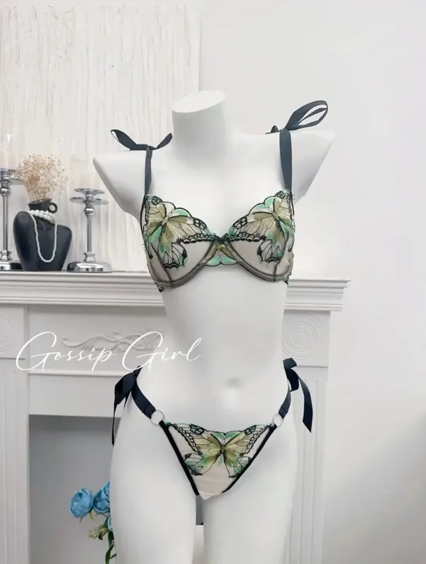 Reggente Pizzo Francese Farfalla Rete Trasparente Spalline Elastiche Senza Spugna Set Intimo S-XL Nuovo Morbido
