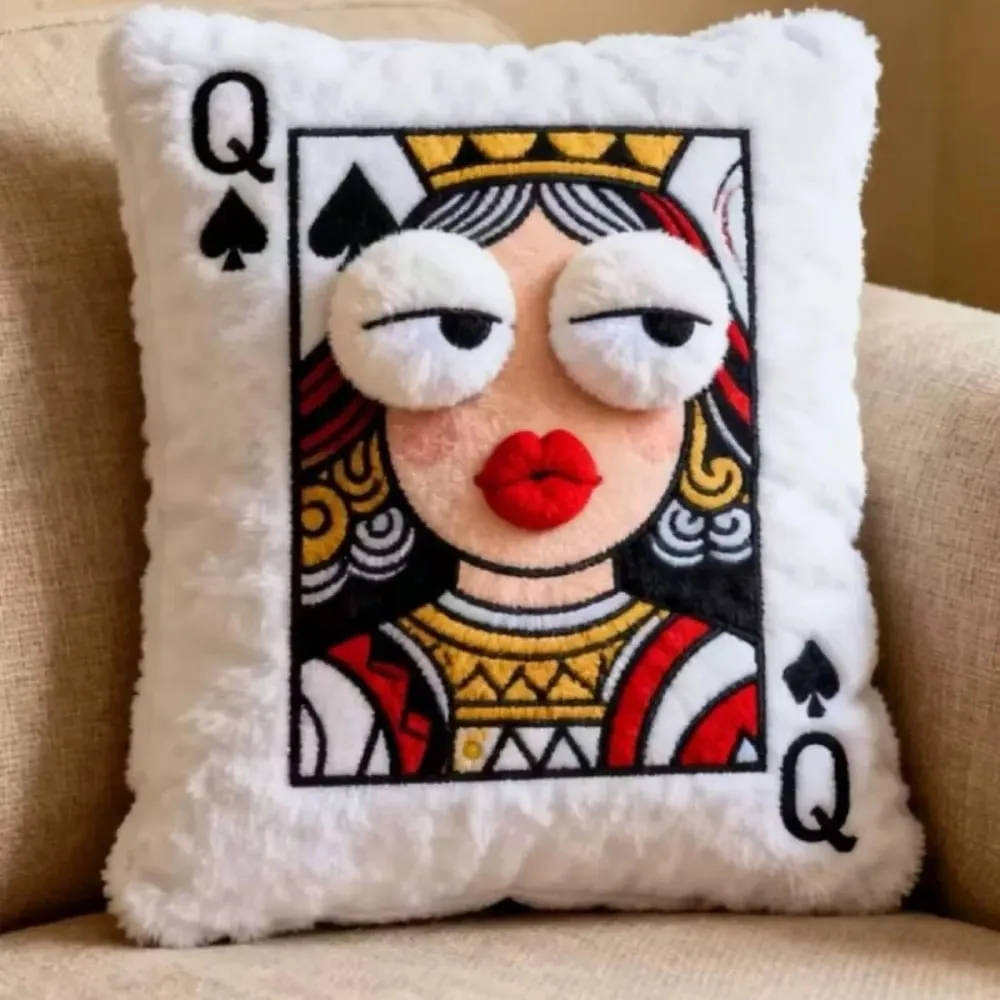 Almofada de cartão de pôquer estilo patchwork, olhos grandes 3d, design de alto valor, travesseiro bordado, tema de jogo de cartas, travesseiro para presente
