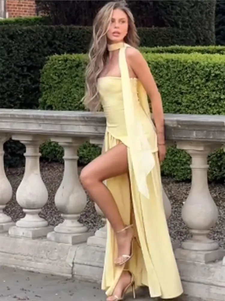 Vestido longo com emenda de malha amarela manteiga, elegante, sem alças, divisão, costas nuas, plissado, para mulheres, 2026, vestidos de festa à noite
