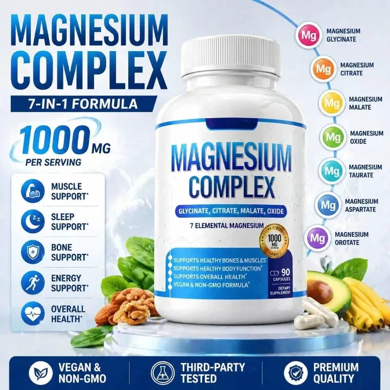 Suplemento de magnésio 1000mg Complexo 7 em 1 com glicinato citrato malato taurato apoia relaxamento muscular suporte para sono 90 Ct