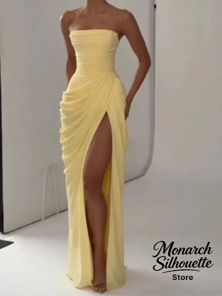 Elegante amarelo sem alças plissado vestido longo feminino chique sólido sem mangas cintura cinching split vestido 2026 senhora festa de noite robes