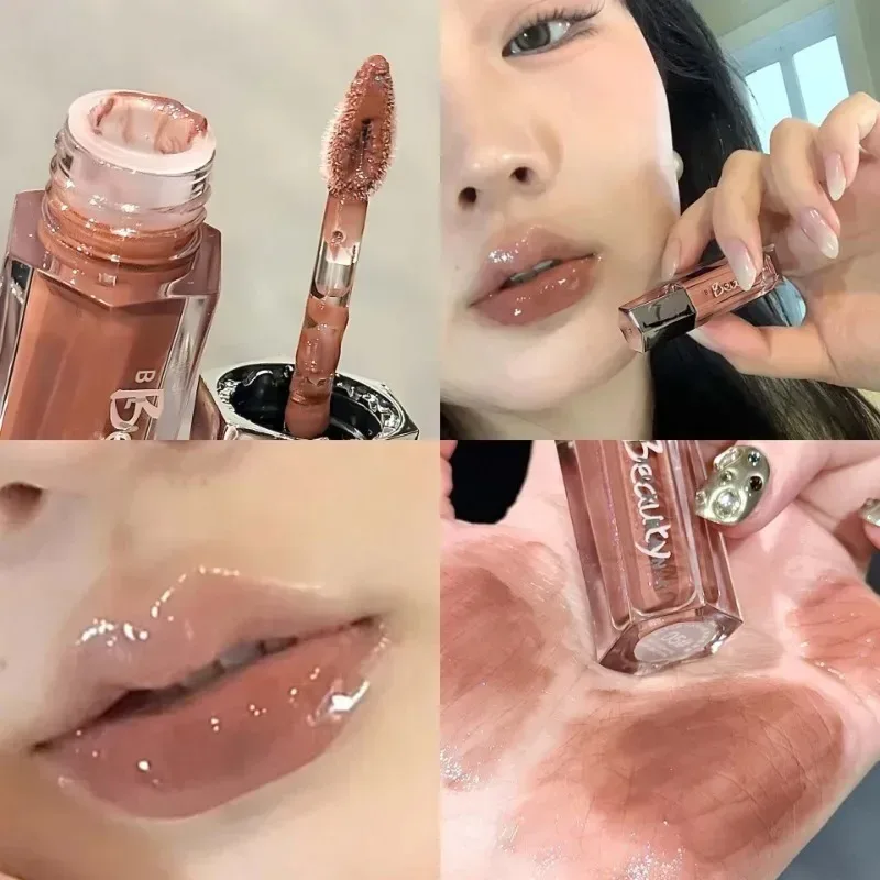 Gelo transparente marrom brilho labial hidratante batom líquido brilhante nude água luz espelho de vidro maquiagem de longa duração