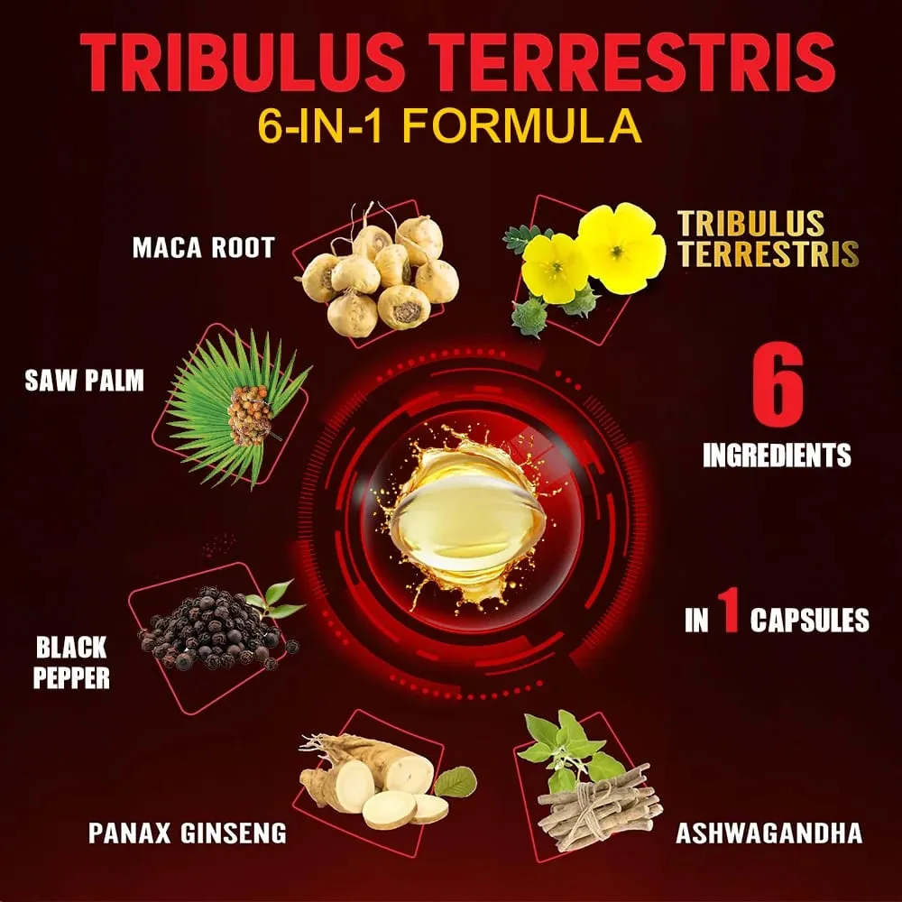 Cápsulas de Extrato de Tribulus Terrestris - com Maca Ashwagandha - Resistência Energética e Energia Natural Não OGM