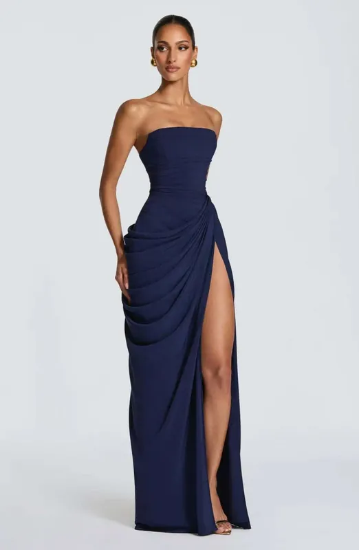 Elegante sólido plissado sem alças maxi vestido amarelo fora do ombro sem costas cintura alta dividir robe 2026 nova senhora vestido de festa à noite