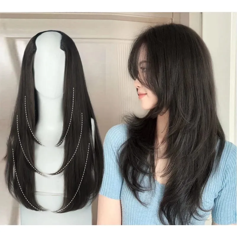 Extensões de cabelo sintético de 22 polegadas combina bem camadas longas retas onduladas em forma de V apliques de cabelo marrom