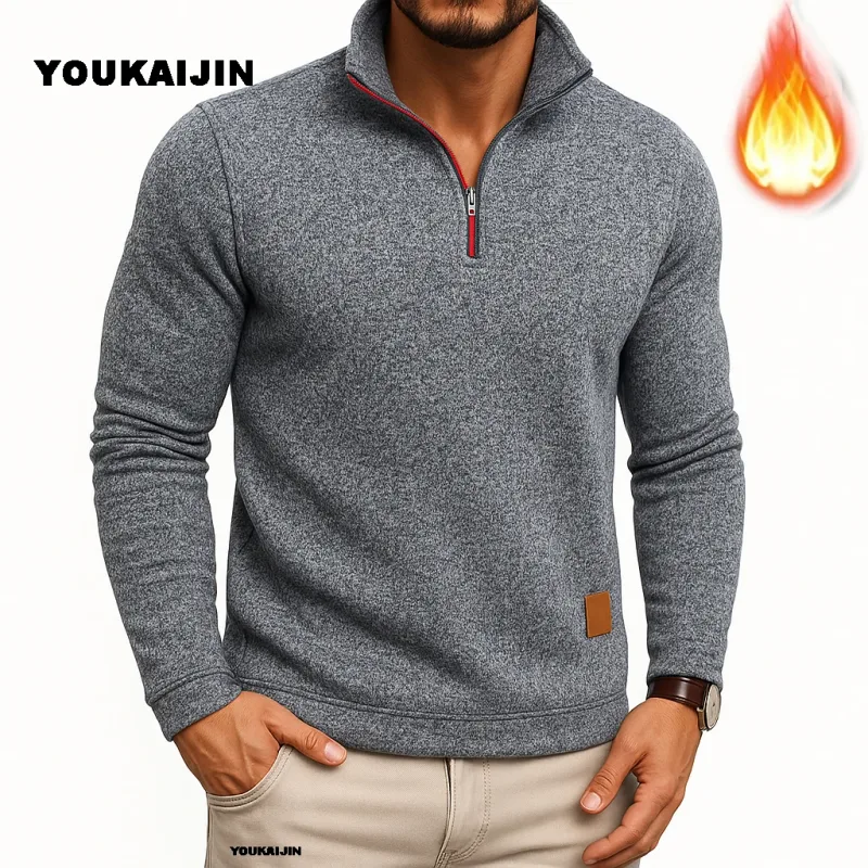 Moletom masculino primavera mais grosso pulôver quarto zíper pulôver para masculino com capuz ao ar livre sweatshir outono cor sólida gola alta