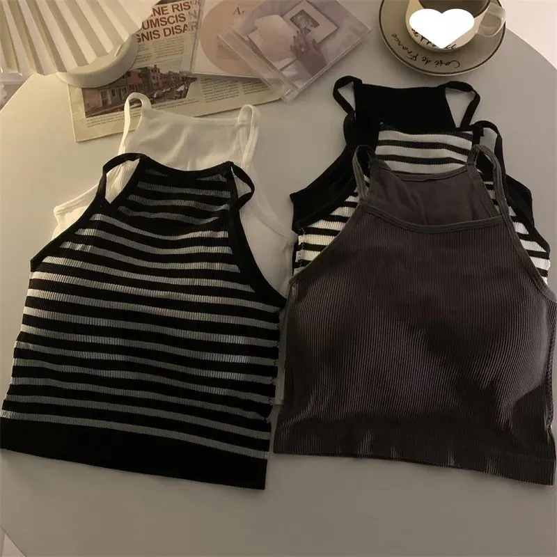 韓版女背心螺紋純色休閒時尚短上衣搭配胸墊條紋無袖外套基本款吊帶背心
