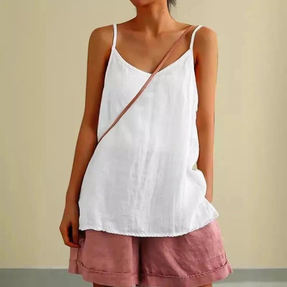 Top básico de algodão com alça espaguete, decote em V, sem mangas, regata solta, respirável, camis, roupa de verão — image 7