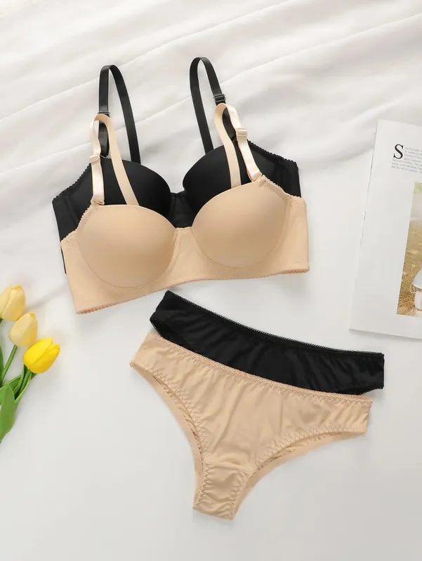 2sets Solid Underwire Lingerie Set Women Push Up Bra With Steel Ring Fashion Women Underwear Panty Everyday Bras Sets J2611