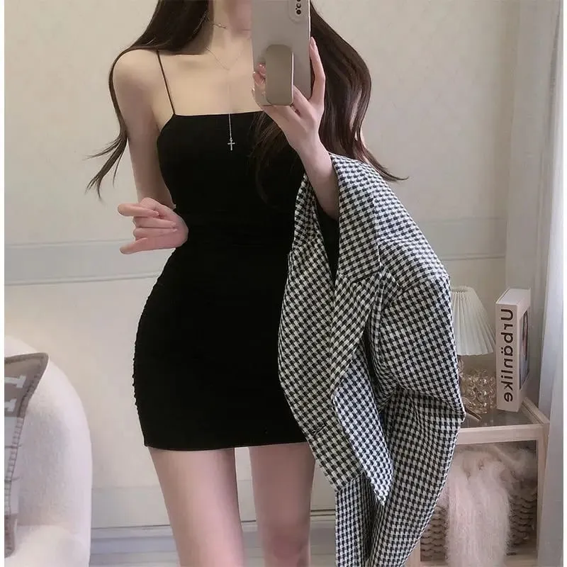 優雅純色吊帶無袖A型緊身迷你短裙夏季新款性感修身顯瘦遮臂連身裙