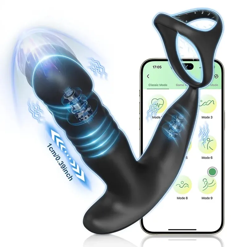 男性推力振動器前列腺按摩器 APP 控制男性延遲性射精軟木環肛塞成人性玩具