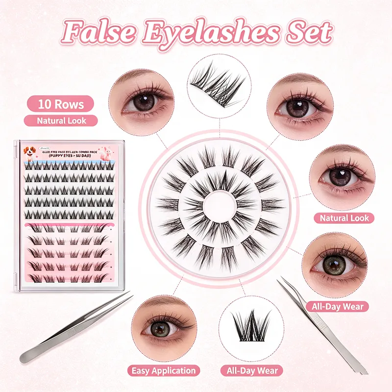 Conjunto de cílios postiços autoadesivos, pacote com 10 linhas sem cola, cílios postiços para maquiagem diária