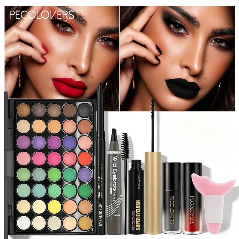 8pcs kit de maquiagem conjunto de cosméticos faciais com paleta de sombra multicolorida delineador caneta de sobrancelha rímel brilho labial