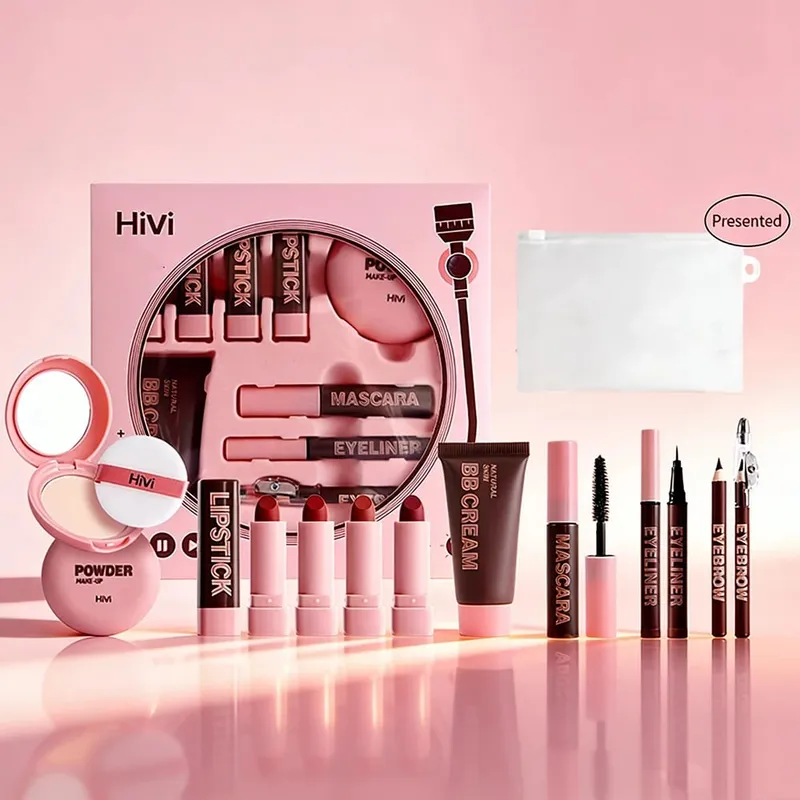 Kit de maquiagem moderno de 9 peças - Conjunto completo de maquiagem para rosto inteiro para looks diários e presentes