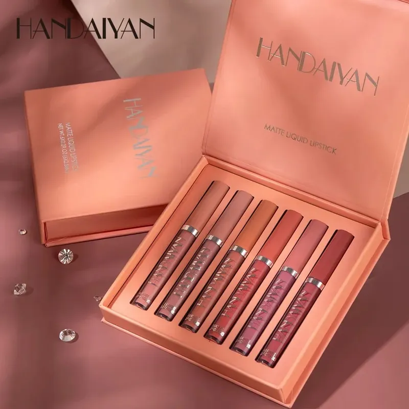 6 pçs/set Lip Gloss Longa Duração À Prova D 'Água Matte Lip Tint Copo Antiaderente Batom Líquido Caixa de Presente Cosméticos Maquiagem