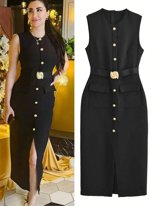 Sem mangas botão para baixo ashirtdress com cinto cor sólida fenda frontal elegante para vestidos de festa de escritório luxo 2025 ashirtwaister