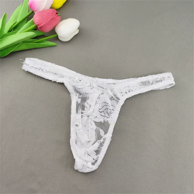 Lace Floral Sexy Men's Underwear Solid Hollow Perspective Thong Comfort Bugle Enhance Sissy G-String Gay Low Rise T-back Panties