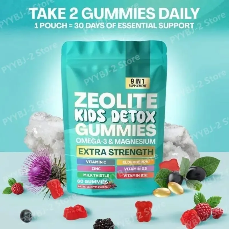 Gomas de zeólita 60 contagens contêm multivitamínico ômega-3, magnésio e sabugueiro, auxiliam na desintoxicação e na saúde do sistema imunológico