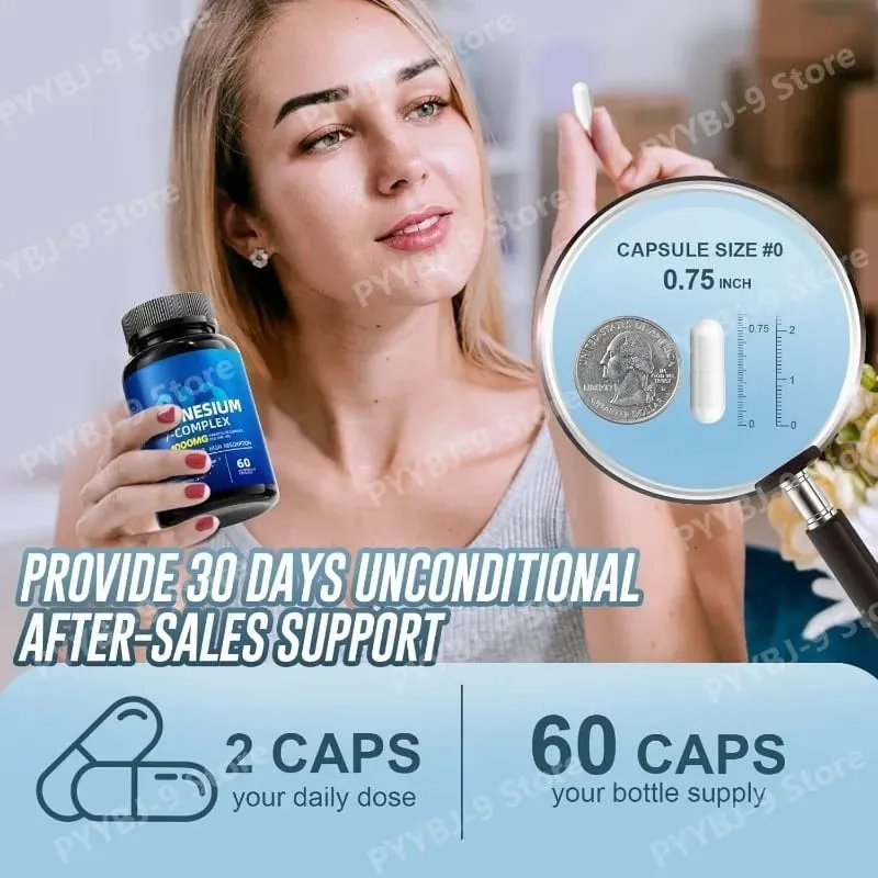 Suplemento complexo de magnésio 7 com glicinato citrato malato quelato zinco vitamina D3 B6 para alívio muscular do sono 60 cápsulas