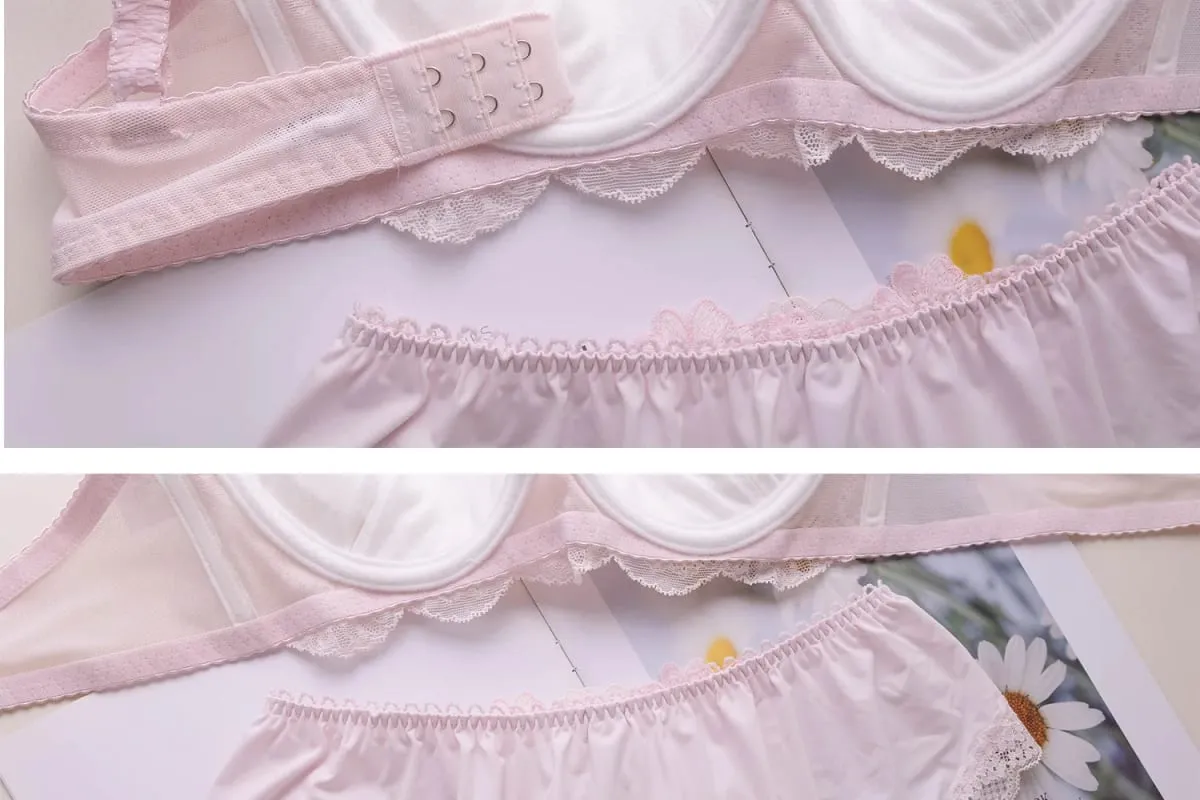 Conjunto de sutiã feminino bordado fino estilo japonês com armação macia doce fofo copo grande sutiã e calcinha conjunto de lingerie