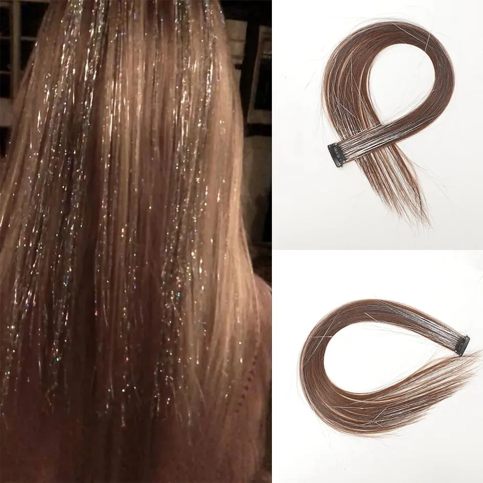 Allaosify Extensões de tintura de orelha a laser de alta temperatura de 24 polegadas Cabelo longo e liso feminino com reflexos prateados