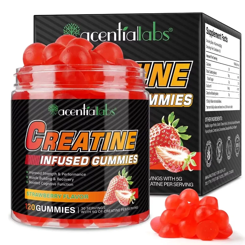 Gomas de monohidrato de creatina 5000mg para recuperação de força muscular e aumento de energia pré-treino Morango vegano sem açúcar 120 Ct