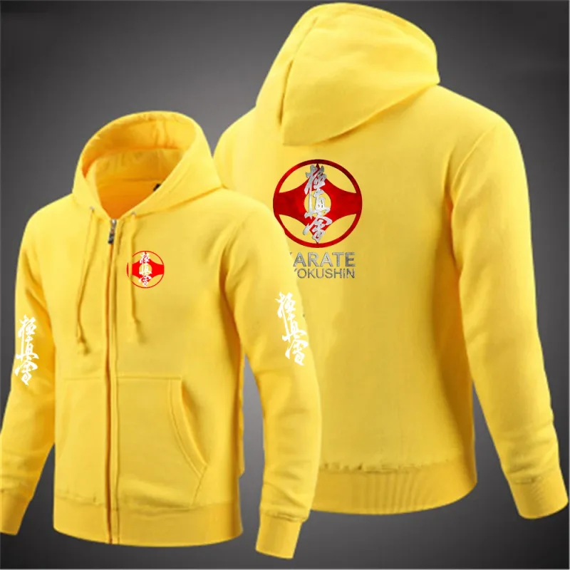 Kyokushin Karate Impresso Com Capuz Manga Longa Jaqueta Masculina Com Cordão Fechamento Com Zíper Cor Sólida Moletom Casual Roupas — image 3