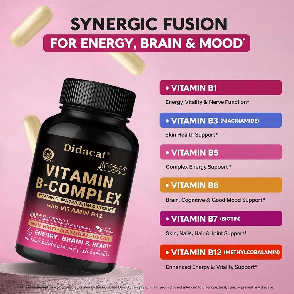 Complexo de Vitamina B com Vitamina C Colina e Inositol Suporta Metabolismo Energético Saúde Nervosa Cardio Bem-Estar e Defesa Imunológica