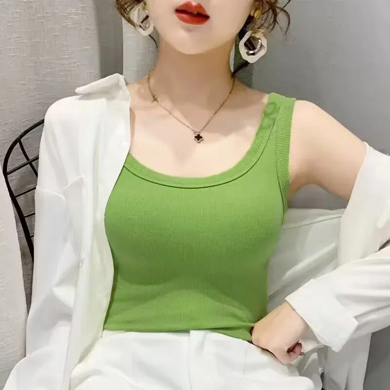 2023 verão feminino básico com nervuras de malha regata cor sólida sem mangas camisetas casuais camis verde azul elástico feminino topos