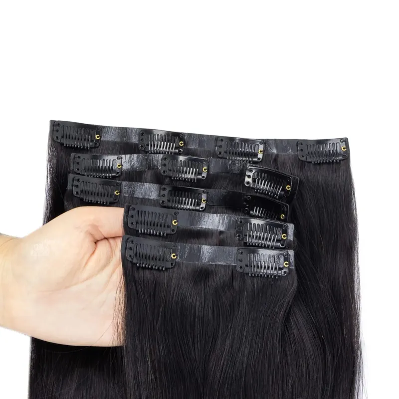 PU Seamless Clip In Hair Extensions Real Natural Invisible PU Tape Weft Clip Ins Machine Remy 12-24inch Invisible Clip Ins 7PCS