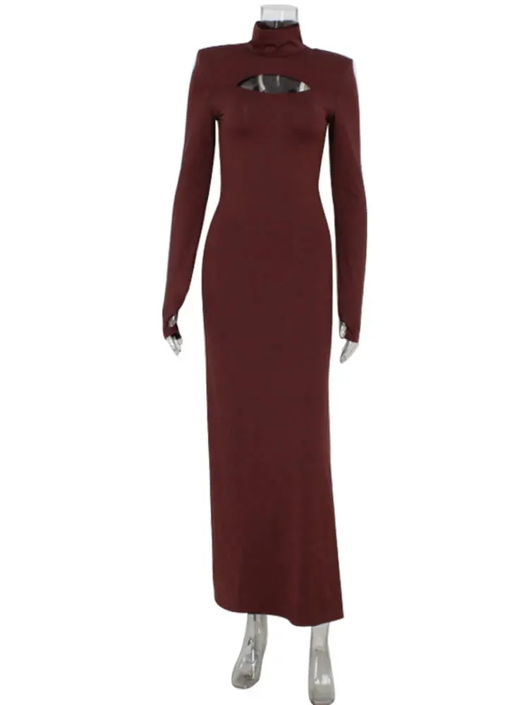 Ahagaga sexy bainha vestidos maxi femininos sólido gola alta regular mangas compridas oco para fora magro ajuste bodycon festa vestidos robes
