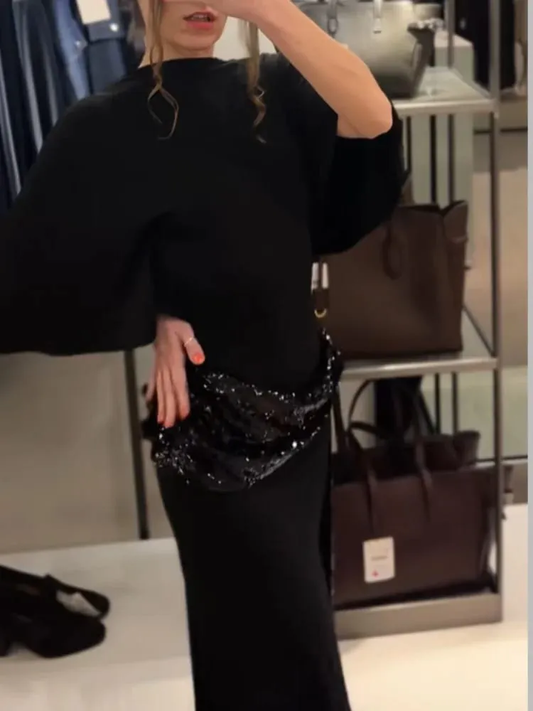 Lantejoulas retalhos sem costas vestido feminino elegante sólido manga média cinched-cintura magro vestidos longos moda festa de noite