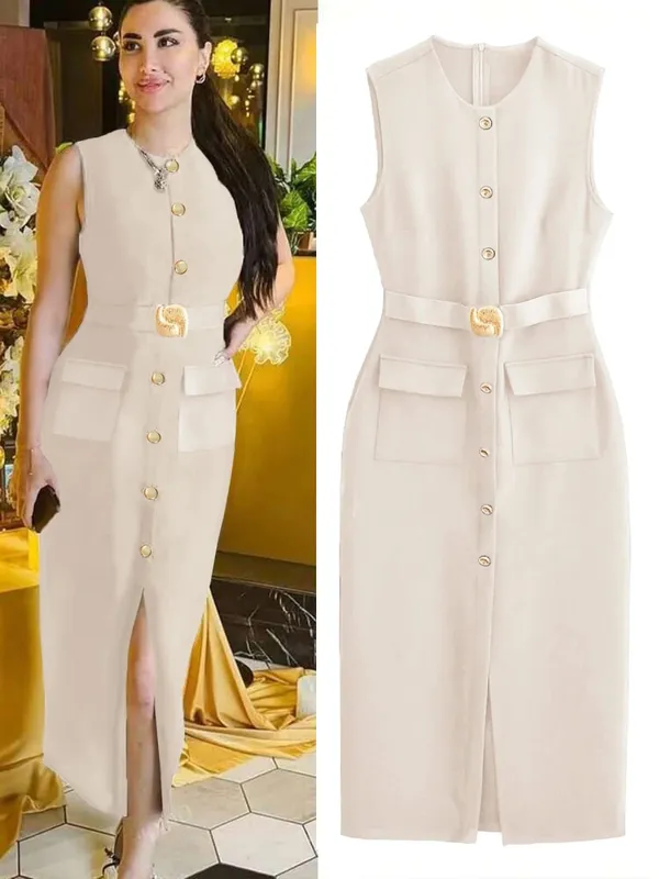 Sem mangas botão para baixo ashirtdress com cinto cor sólida fenda frontal elegante para vestidos de festa de escritório luxo 2025 ashirtwaister