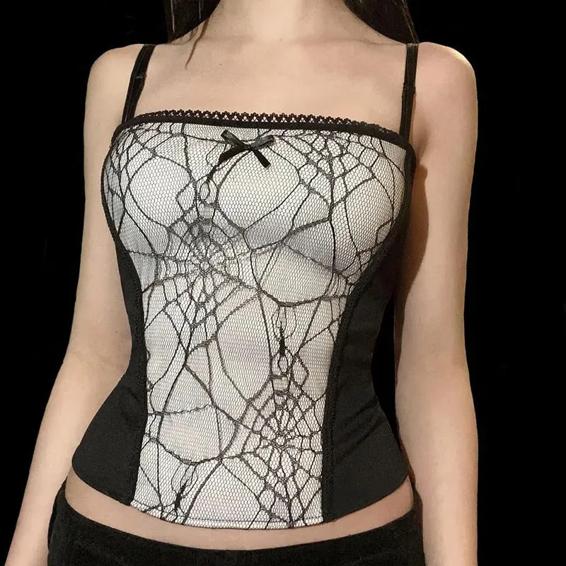 Gótico punk menina aranha web padrão rendas retalhos camis feminino sexy sem mangas gola quadrada magro tanque topo streetwear colheita topo