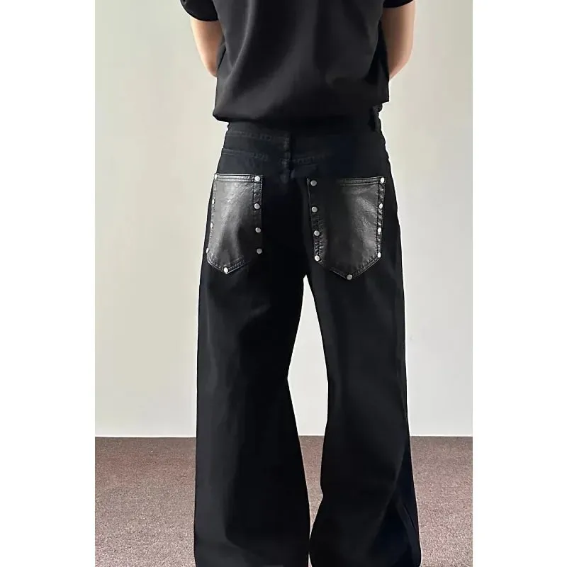 Jeans masculinos preto baggy denim calças estilo americano rebite cinco botão bolso solto ajuste streetwear homem calças