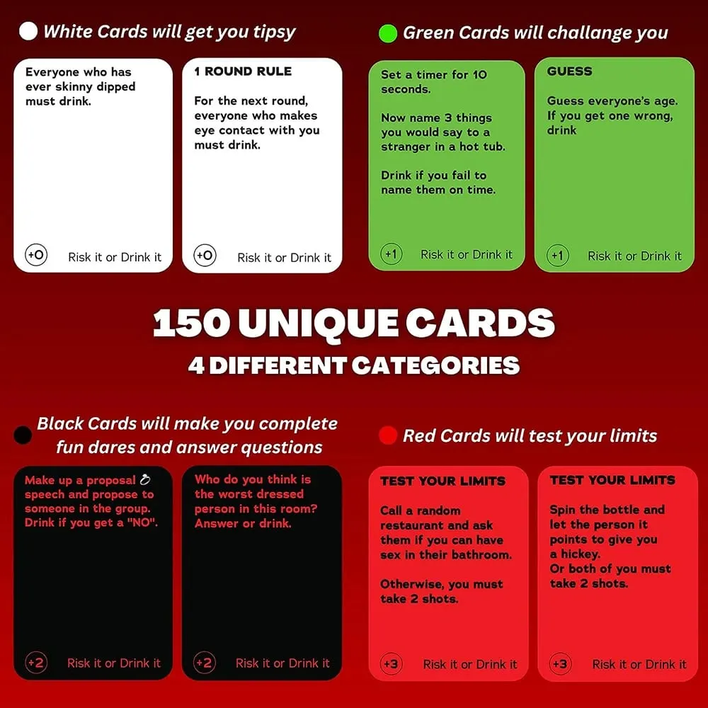 Arrisque ou beba divertido jogo de festa para jogo de cartas universitário, jogo de bebida, pré-jogo, noite, hilário, desafios, perguntas, adultos