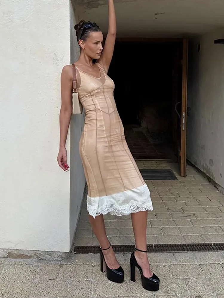 2026 Summer Sheer Mesh Overlay Spaghetti Strap Midi Dress Waist Cinched Sleeveless Women Accessories Versatile Chic Lady Outfit