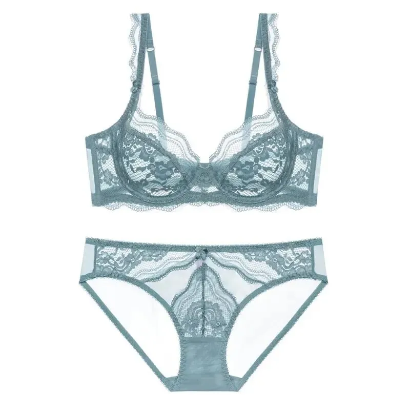 Plus Size Full Bust Minimizer Bra Set Sheer Floral Lace Thin Anti Sag Support Transparent Underwear Women Breathable Intimates