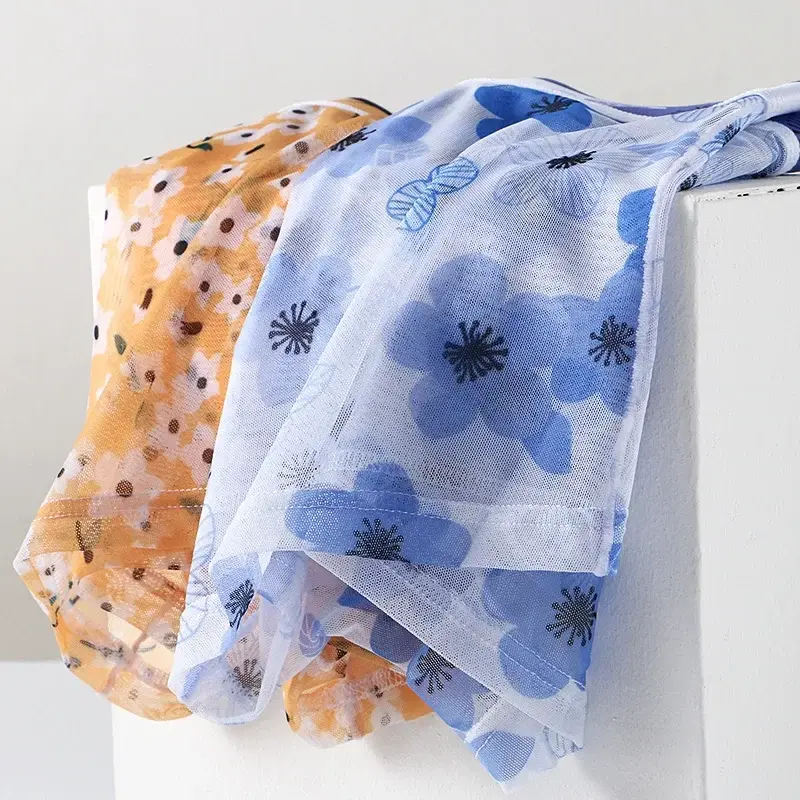 Cuecas boxer de malha masculina estampa floral roupa interior de seda gelo ultra-fino transparente respirável macio alto estiramento calcinha de secagem rápida