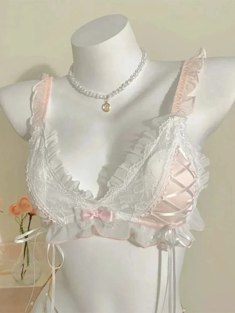 Lolita estilo fino renda triângulo copo conjunto de sutiã para mulher bonito pequeno busto lingerie sexy roupa interior