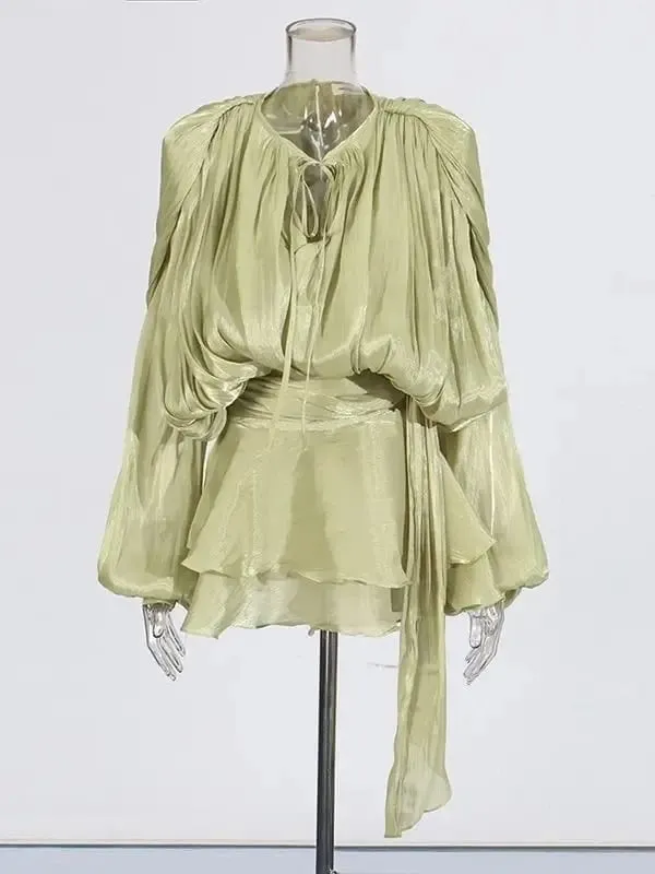 Blusa sólida mini vestidos para mulheres com decote em v manga longa emendado rendas até vestido estilo doce roupas femininas moda — image 12