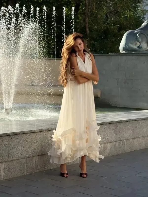 Sólido multi-camada babados maxi vestido feminino elegante sem mangas fora do ombro vestidos de cintura alta senhora nova chique vestidos de festa de férias