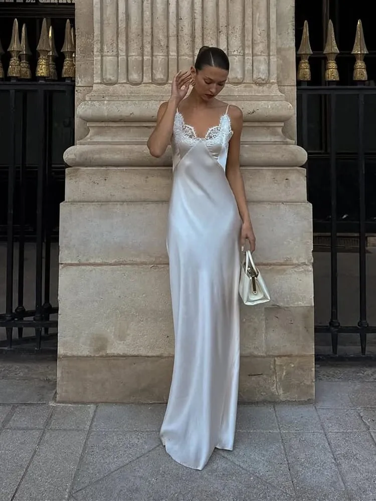 Lace Patchwork Sling Maxi Dress Women Sexy Solid V-neck Sleeveless Backless Satin Slim Long Gown Lady Chic Evening Party Dresses
