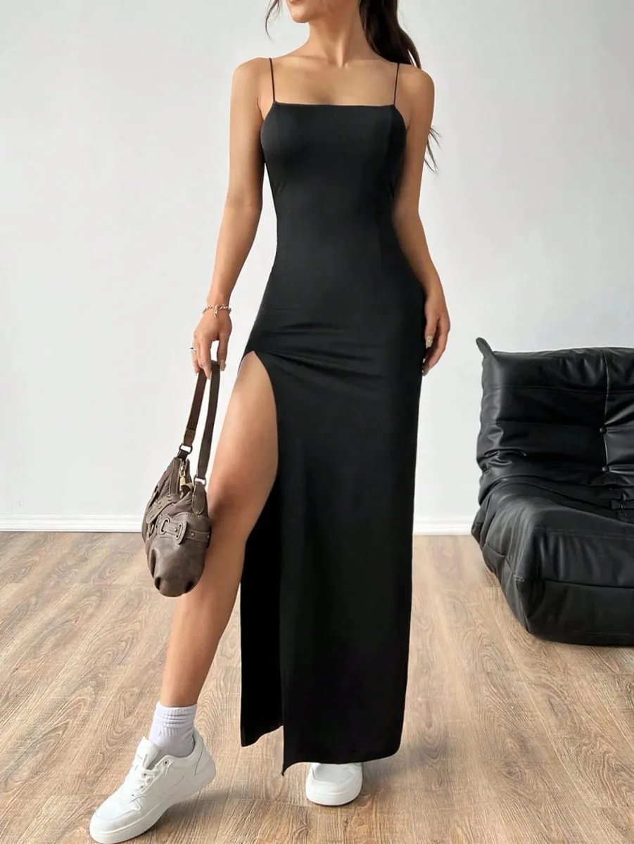Vestido feminino de cor sólida com fenda alta e alça espaguete