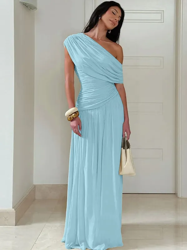Hugcitar One Shoulder Ruched Sleeveless Solid Pleated Sexy Irregular Y2K Maxi Dress Summer Elegant Party Women Clothes Vacation