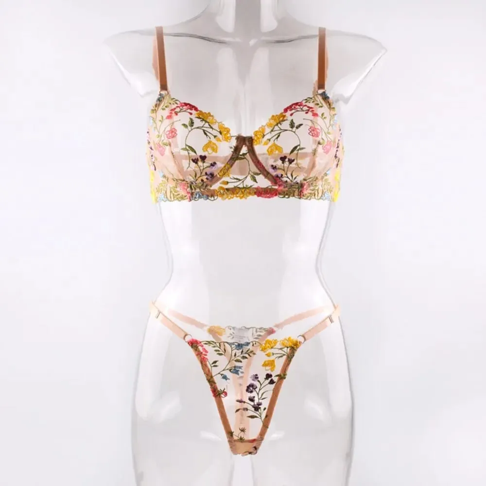 Conjunto de lingerie floral de 2 peças, roupa íntima transparente e versátil, íntima, bordado, sutiã push-up, conjunto de calcinha para mulheres e meninas — image 2