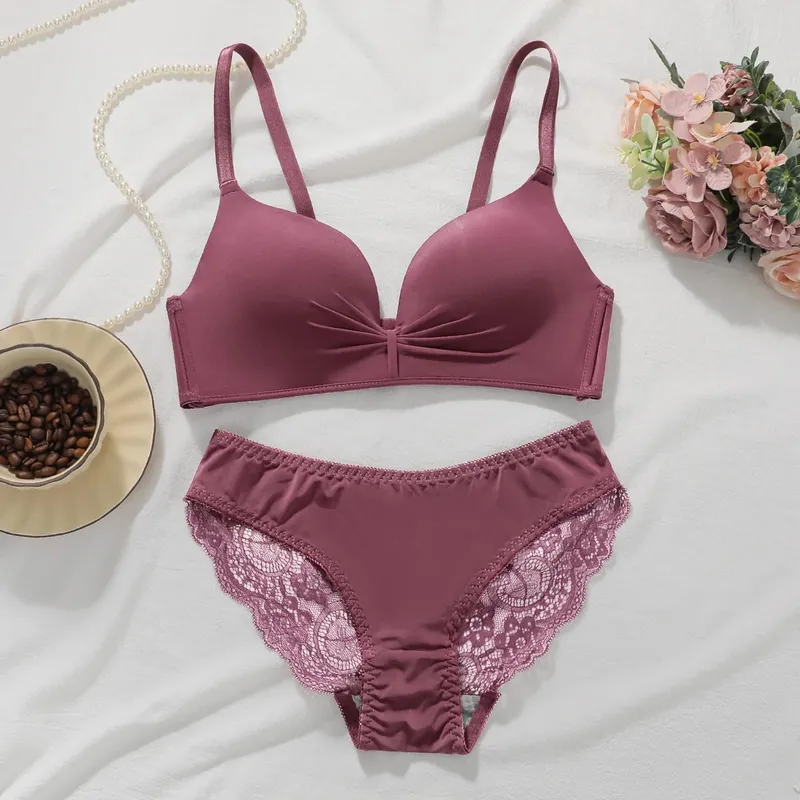 Conjunto de sutiã de renda de cor sólida feminino sem fio sem arame push up sutiã e calcinha 2 peças conjunto diário lingerie confortável